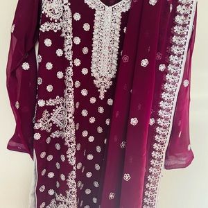 Marron Shalwar Kameez suit 3 piece with beautiful embroidery and Dupata stitched
